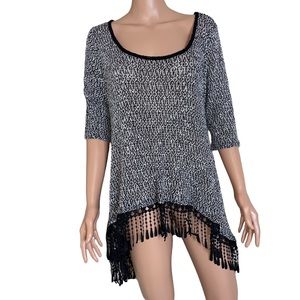 MOON COLLECTION Tunic Fringe Black White Asymmetrical Womens top Anthropologie